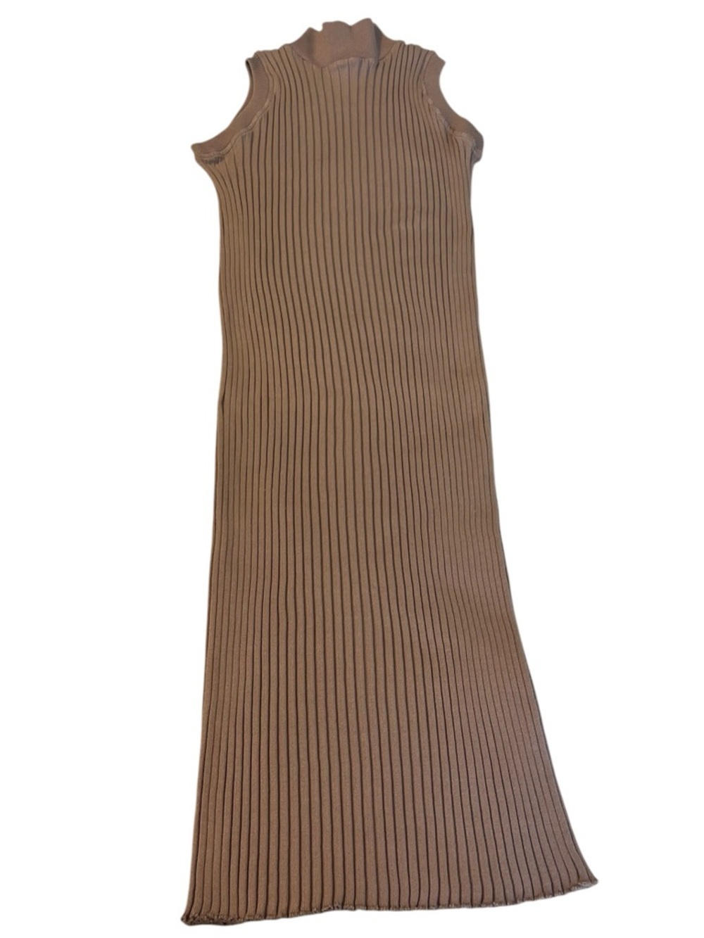 Zara Ribbed Knit Midi Dress Sleeveless Mock Neck Taupe XS S Minimalist Coastal - Picture 2 of 6
